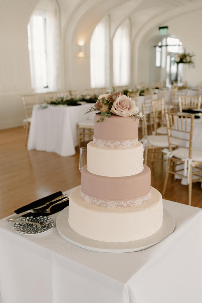 Pink and white wedding cake at Kimpton Cottonwood Hotel in Omaha, Nebraska. Blog post on wedding timeline.