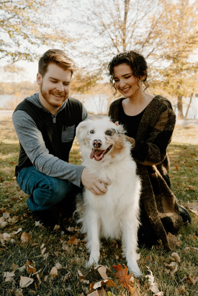 Omaha fall engagement session with dog at standing bear lake