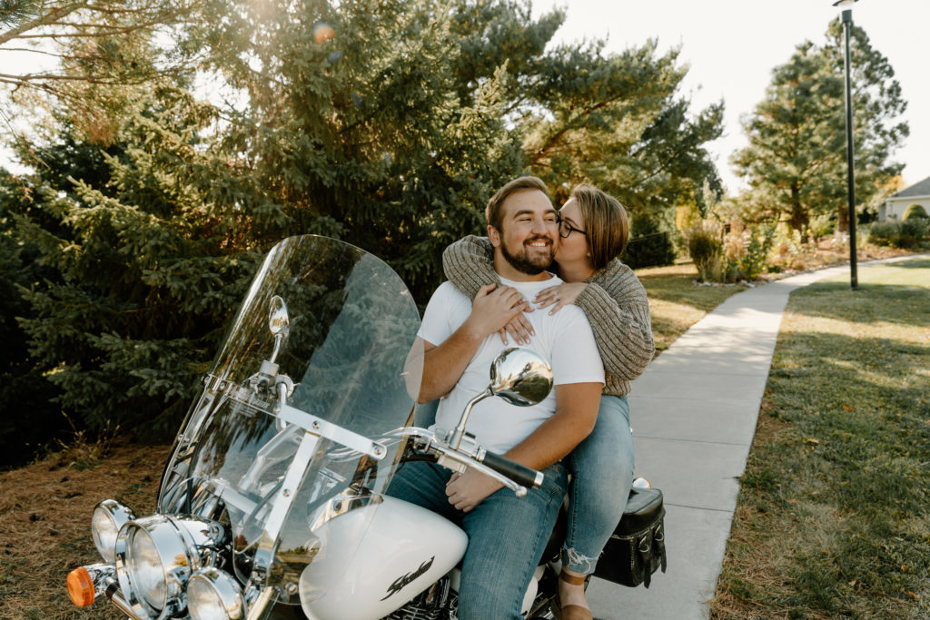 Lincoln, Nebraska fall engagement session on Harley motorcycle